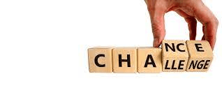 A hand rolling cubes with letters display a word Challenge and a word Chance