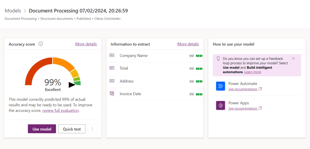Document Processing model dashboard showing the model is trained and ready to use