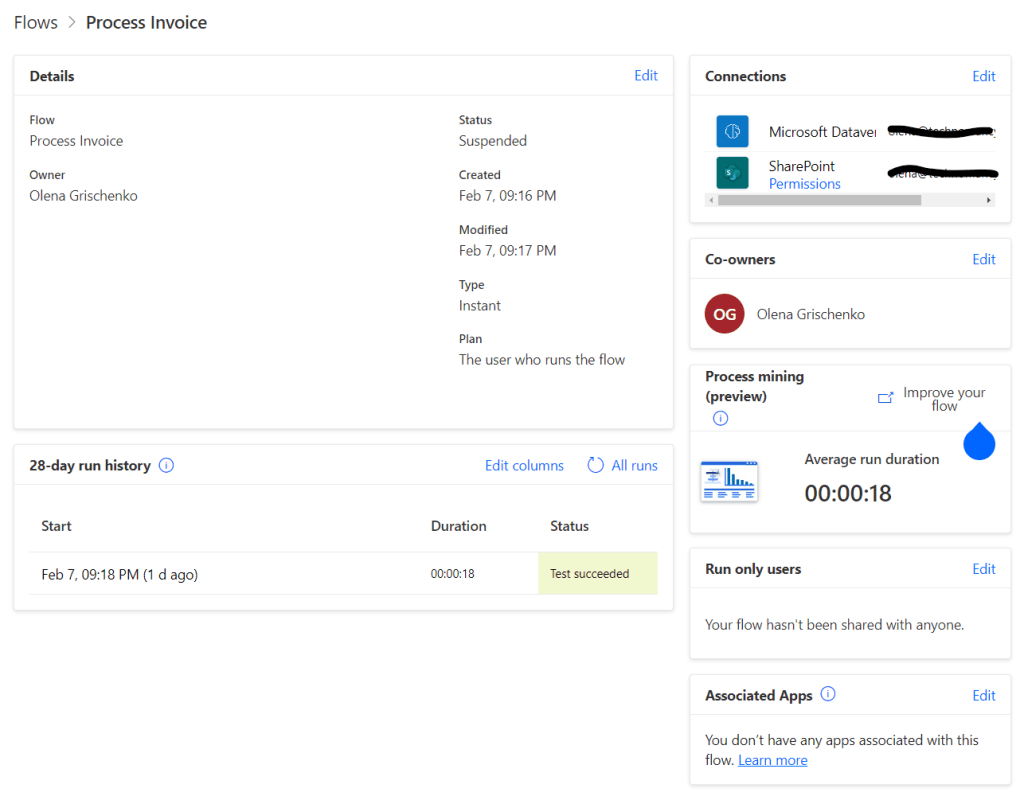 Power Automate flow property screen showing Dataverse in the list of connectors