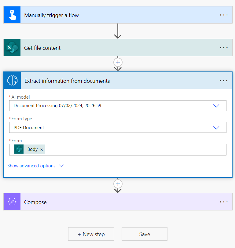 Power Automate steps including Extract information from documents action