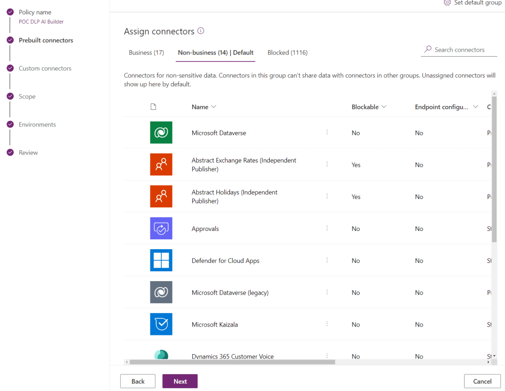 DLP policy wizard showing Non-business tab with Dataverse connector
