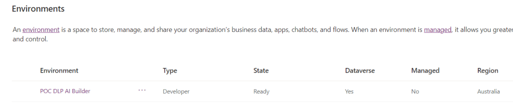 Environments list with a new environment created